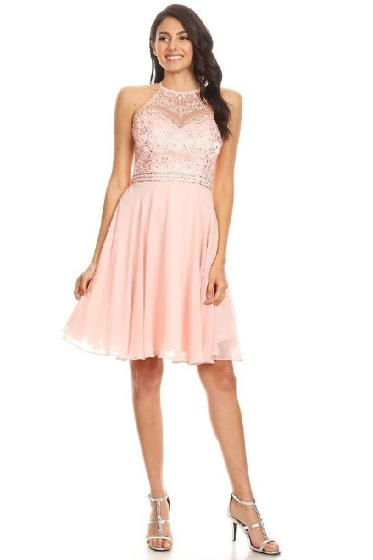 Draped Satin Gown Eureka Fashion - 8222 Embroidered Illusion Halter Knee Length Dress