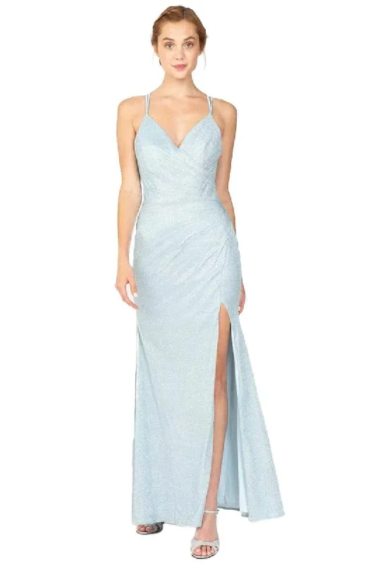 Off-Shoulder Gown Eureka Fashion - Glitter Jersey V-neck Sheath Dress