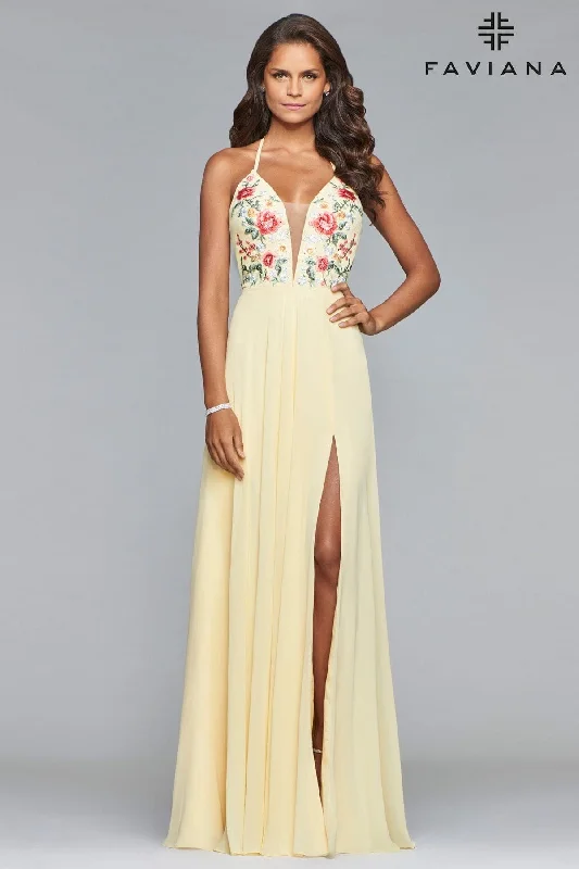 Applique Gown V Neck Long Chiffon Dress With Floral Embroidered Bodice