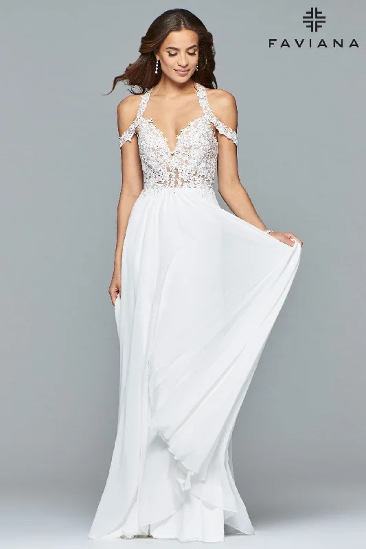 Pearl Embellished Gown Long Cold Shoulder Chiffon Prom Dress