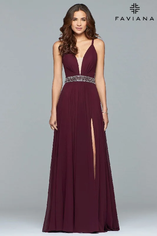 Bodycon Gown Long Chiffon V-Neck Dress With Beaded Waistband