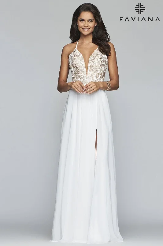 Fitted Formal Dress Deep V Neck Long Dress With Chiffon And Applique Bodice