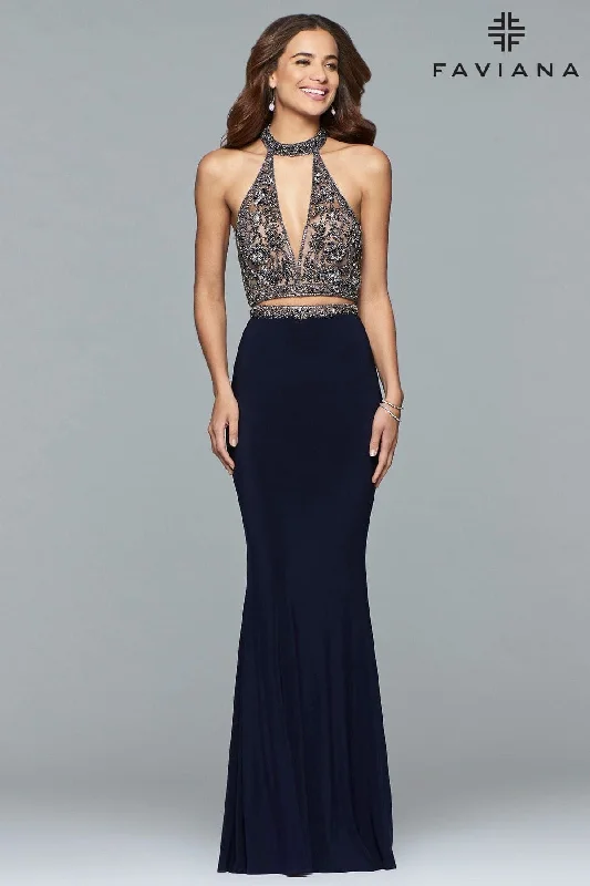 Draped Gown Two-Piece Long Jersey Halter Dress With Beaded Bodice