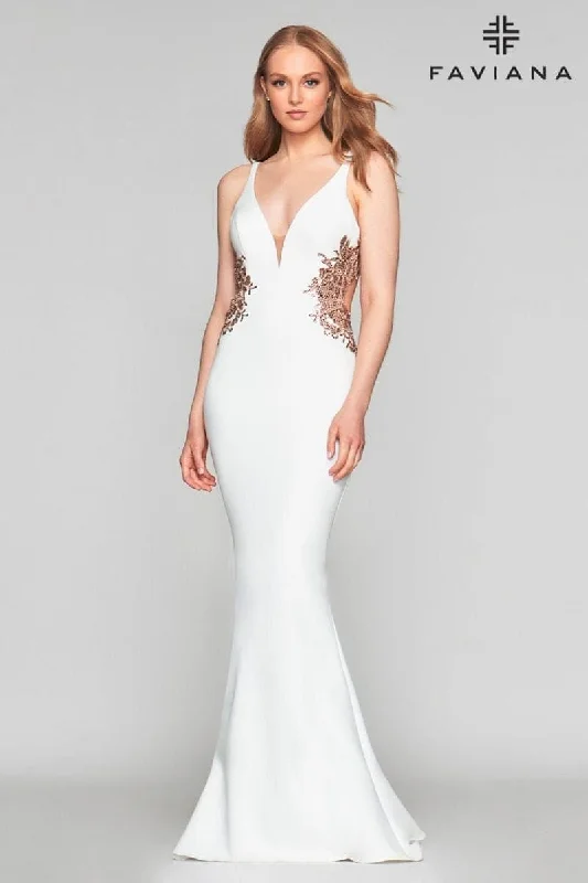 Sequin Maxi Dress Long V Neck Neoprene Dress With Beaded Applique At Waist And Open Back