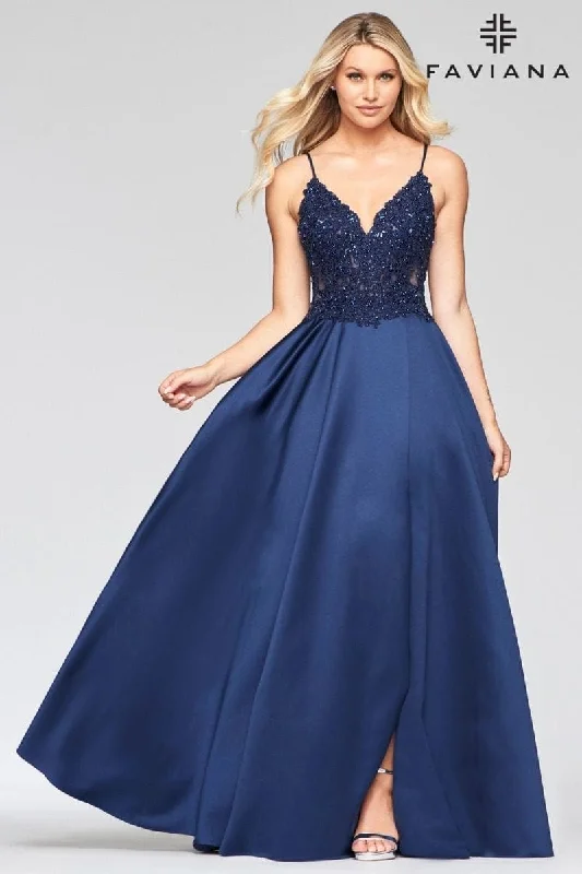 Off-Shoulder Gown Long Satin Dress With Ballgown Skirt And Beaded Applique