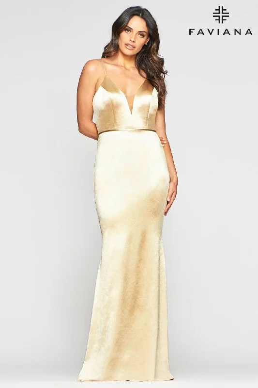 Regal Ball Gown Stretch Satin Long Dress With Deep V Neck