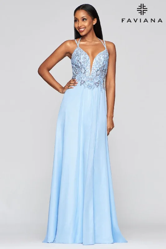 Ruched Gown Long Chiffon Dress With Beaded Bodice Detailing