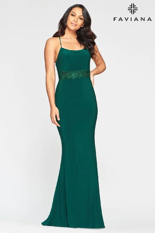 Slit Gown Long Jersey Dress With Beaded Waist Band And Lace Up Back