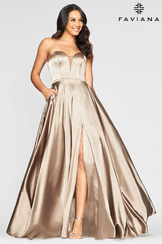 Lace Sleeves Dress Long Strapless Satin Ball Gown Dress With Deep V Neck