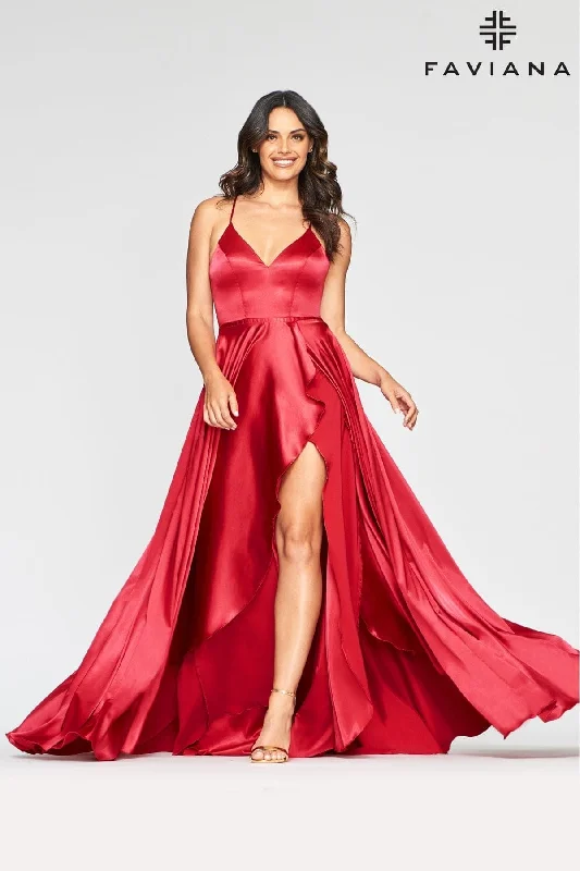 Illusion Neckline Dress Charmeuse V Neckline Dress With Ruffle Front Slit