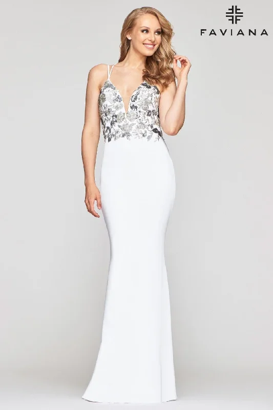 High Neck Dress Long Stretch Satin Dress With V Neckline And Applique Bodice