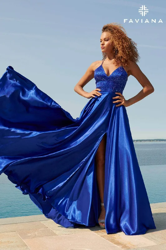 High Neck Dress Faviana S10870 - Embellished V Neck A-line Gown