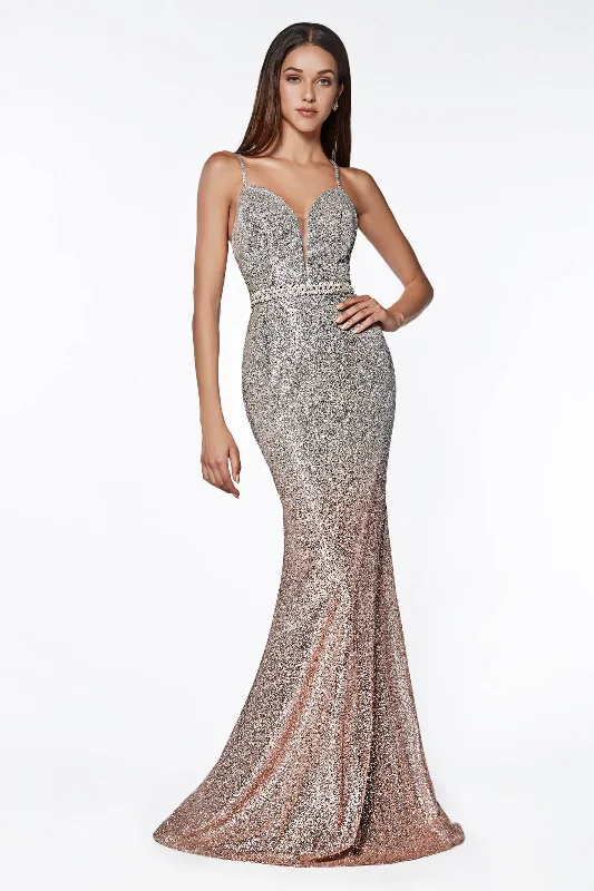 A-Line Gown Cinderella Divine CJ509 Long Glitter Metallic Prom Gown