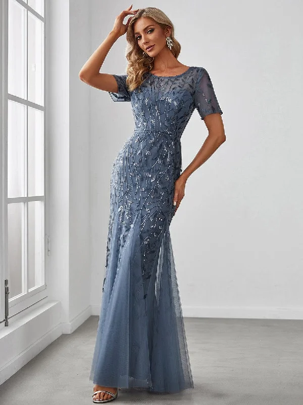 Floor-Length Dress Floral Sequin Maxi Fishtail Tulle Prom Dress with Short Sleeve
