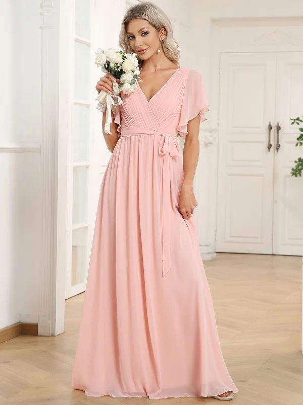 Minimalist Gown Flowy Pleated A-Line Chiffon Tie-Waist Bridesmaid Dress