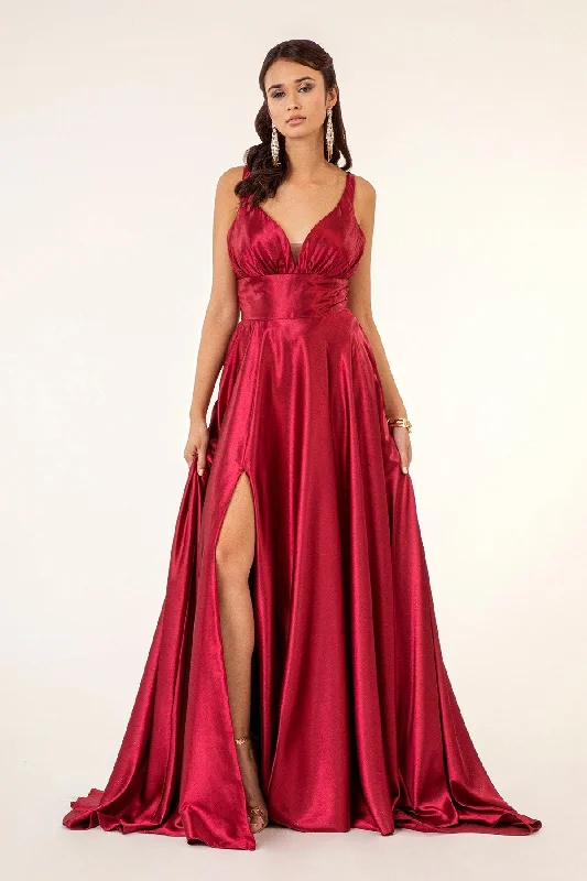 Floor-Length Satin Dress GL 2963 - Stretch Satin A-Line Prom Gown with Ruched V-Neck Bodice & Strappy Back