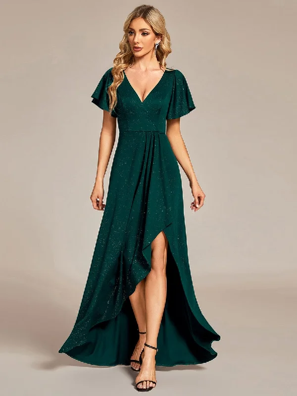Satin Slip Dress Glitter High-Low Front Side Slit Ruffled V-Neck Evening Dress