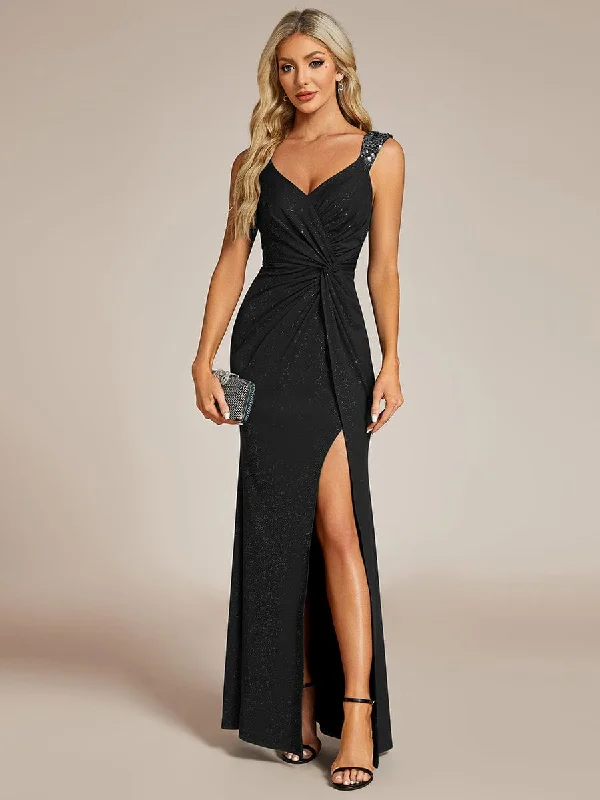 Draped Gown Glitter V-Neck High Slit Sequin Shoulder Strap Evening Dress