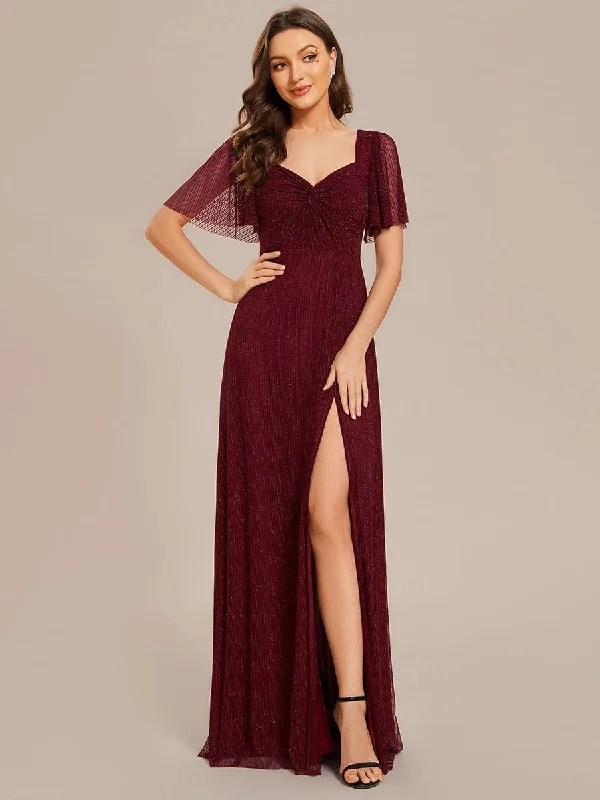 Delicate Lace Dress Glittery A-Line High Slit Elastic Waist Short Sleeves Back Lace-Up Bridesmaid Dress Delicate Lace Dress Glittery A-Line High Slit Elastic Waist Short Sleeves Back Lace-Up Bridesmaid Dress