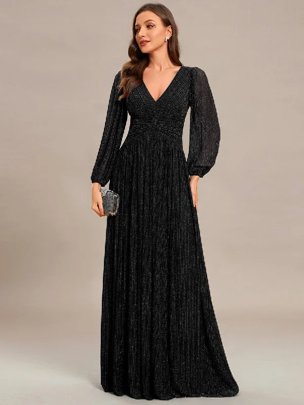 Ruched Satin Dress Glittery Empire Waist Long Lantern Sleeves A-Line Evening Dress Ruched Satin Dress Glittery Empire Waist Long Lantern Sleeves A-Line Evening Dress