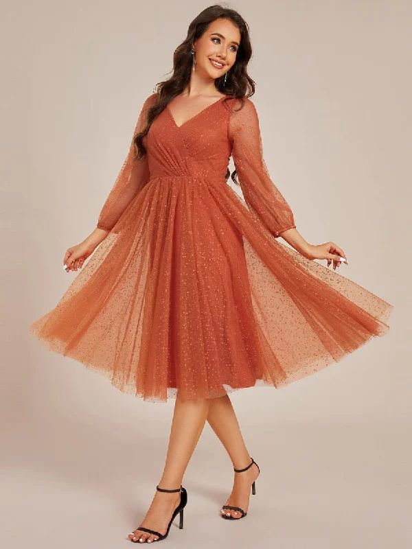Embroidered Gown Glittery Long Sleeve V-Neck Midi Wedding Guest Dress