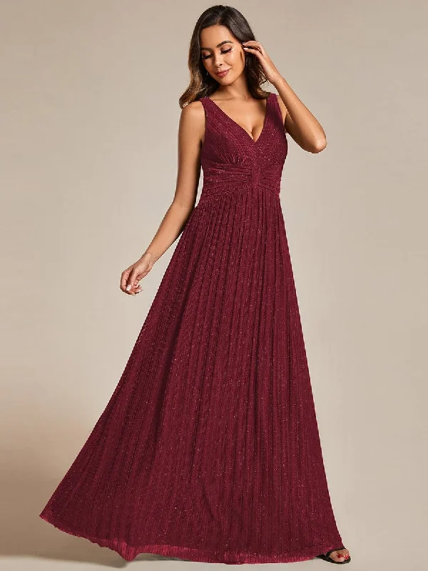 Prom Dress Glittery Sleeveless  Pleated Empire Waist A-Line Formal Evening Dress
