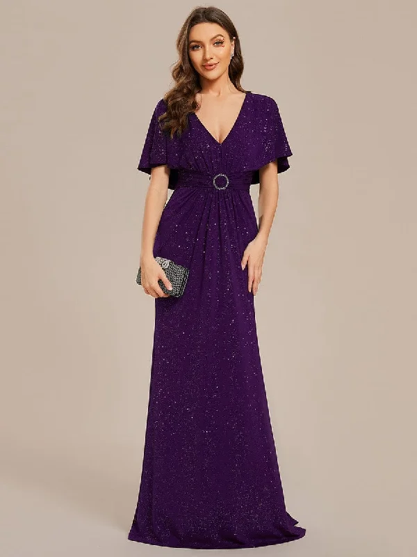 Evening Gown Glittery V-Neck Pleated Bat-Wing Sleeve Bodycon Waist-Cinching Evening Dress Evening Gown Glittery V-Neck Pleated Bat-Wing Sleeve Bodycon Waist-Cinching Evening Dress