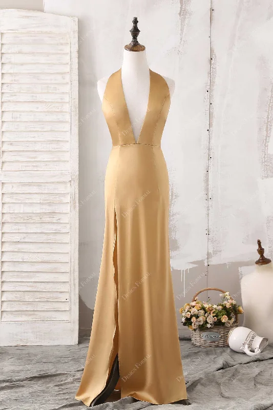 Sequin Gown Gold Halter Neck Sexy Plunging Open Back Simple Formal Dress