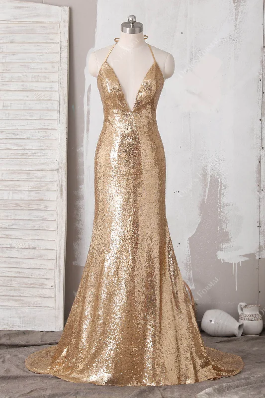 Draped Gown Gold Halter Neck Thin strap Mermaid Sequin Simple Long Dress