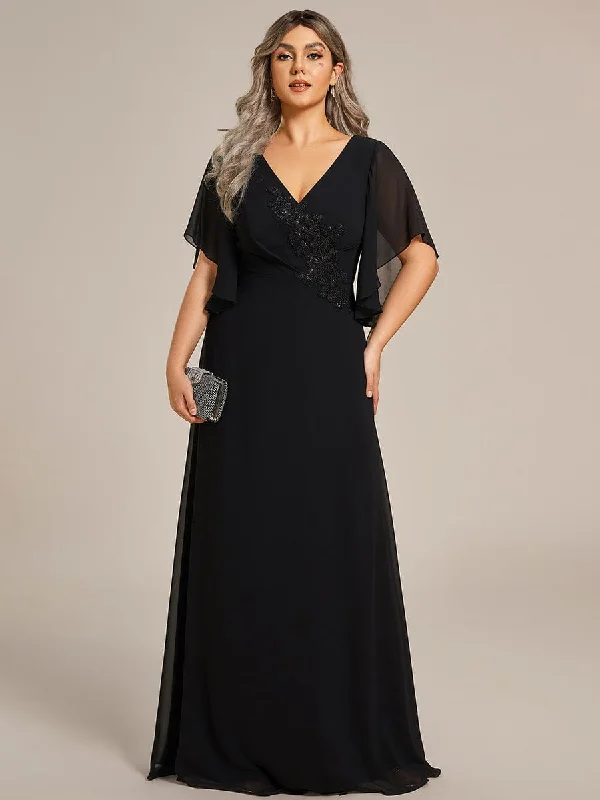 Floor-Length Satin Dress Graceful Plus Size A-line Ruffles Sleeve Chiffon Mother of the Bride Dress with Applique Floor-Length Satin Dress Graceful Plus Size A-line Ruffles Sleeve Chiffon Mother of the Bride Dress with Applique