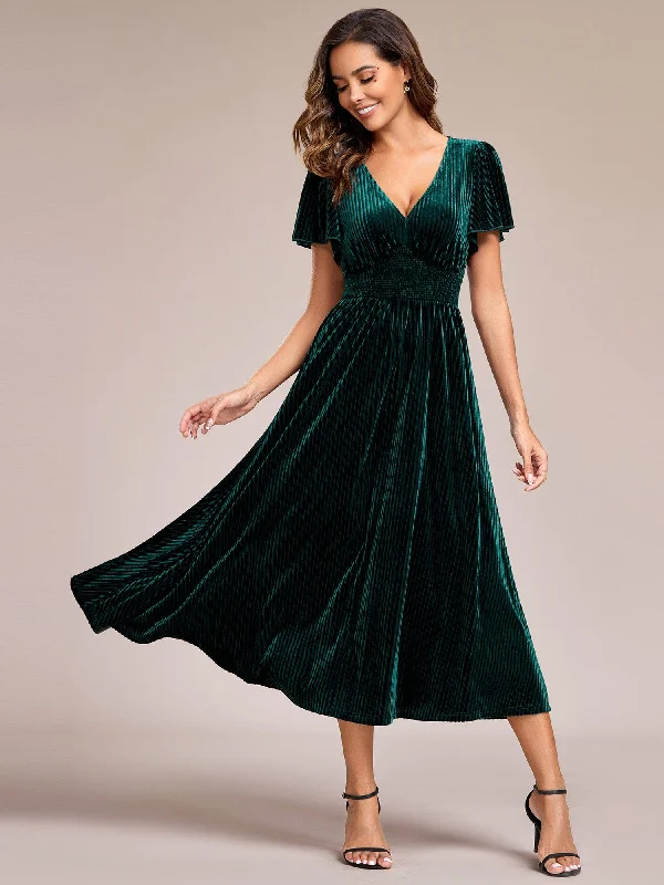 Puffy Sleeve Dress Graceful V-Neck Waist Design Short Sleeves Fall Velvet Midi Wedding Guest Dress Puffy Sleeve Dress Graceful V-Neck Waist Design Short Sleeves Fall Velvet Midi Wedding Guest Dress