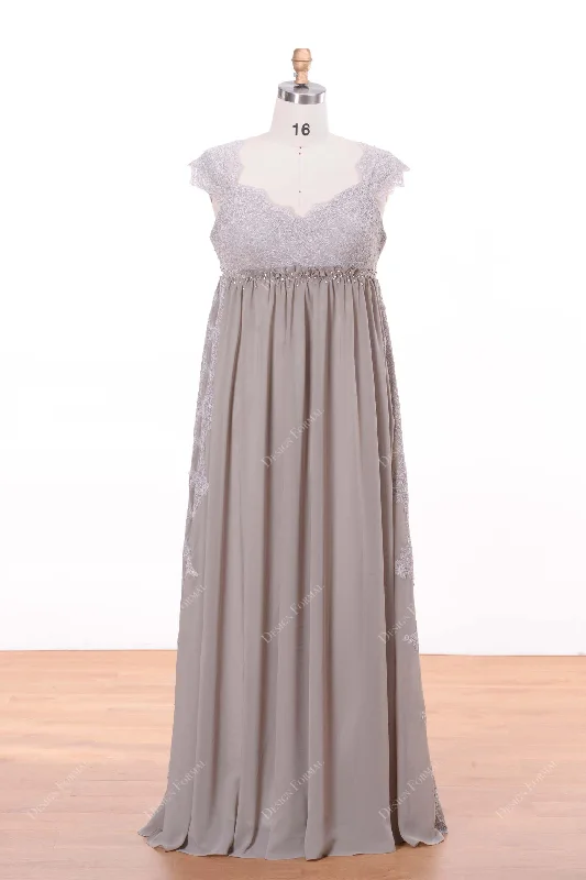 Draped Gown Grey Lace Empire Floor Length Elegant Maternity Formal Dress