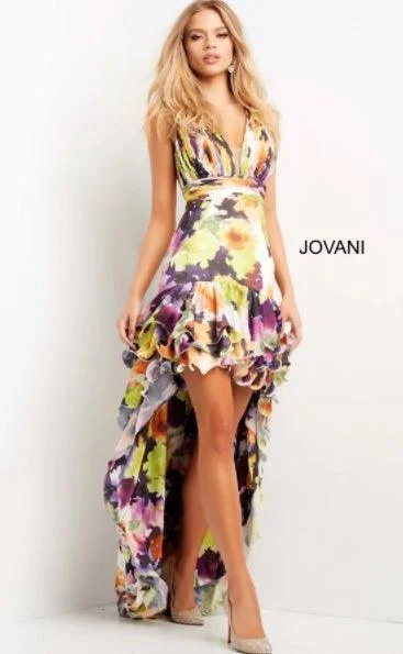 Long Sleeve Dress Jovani High Low Formal Floral Print Prom Gown Sale