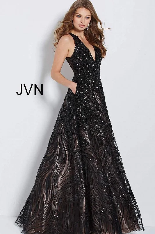 Brocade Formal Dress Jovani 60641 Long Formal V Neck Ball Gown