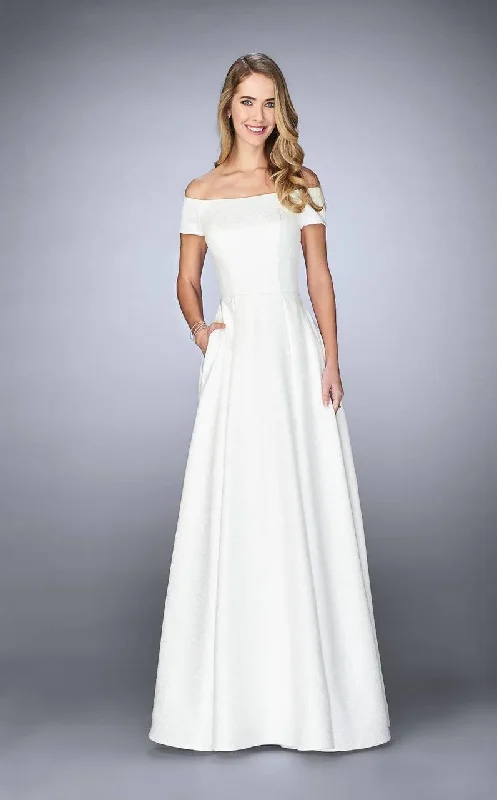 High-Low Dress La Femme - Off-Shoulder Jacquard A-Line Evening Dress 24859SC