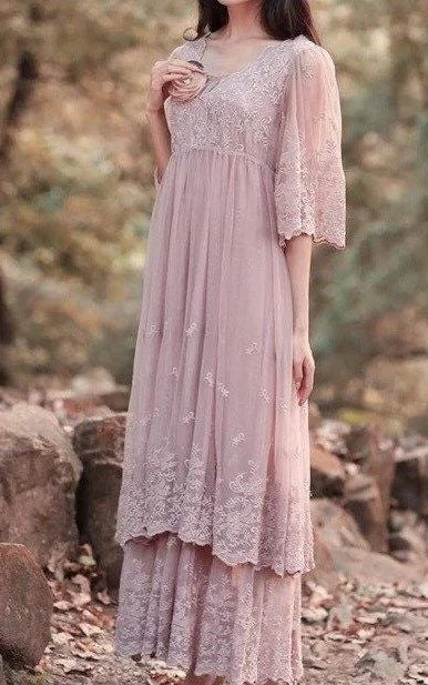 Subtle Shine Dress Lace Dress With Tiers&Flower&Embroideries-105956