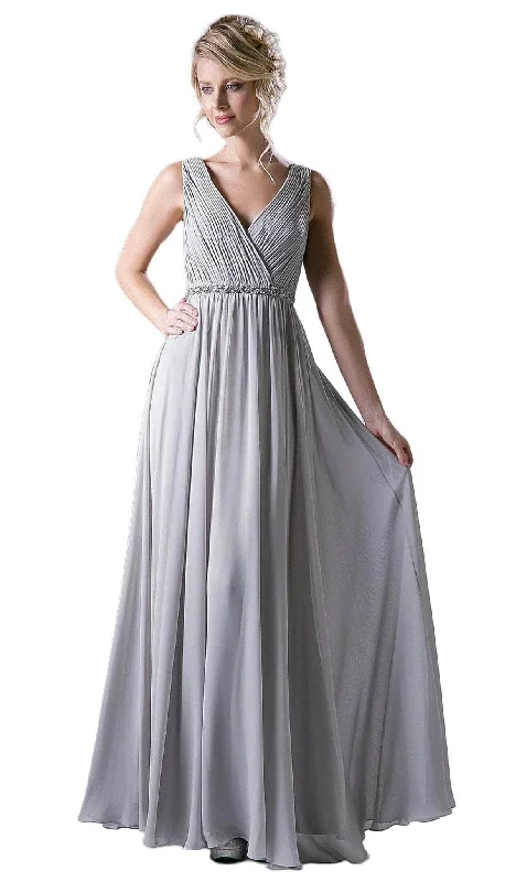 Embellished Maxi Dress Ladivine 1001 - Adorned Surplice Pleated V-neck A-line Dress