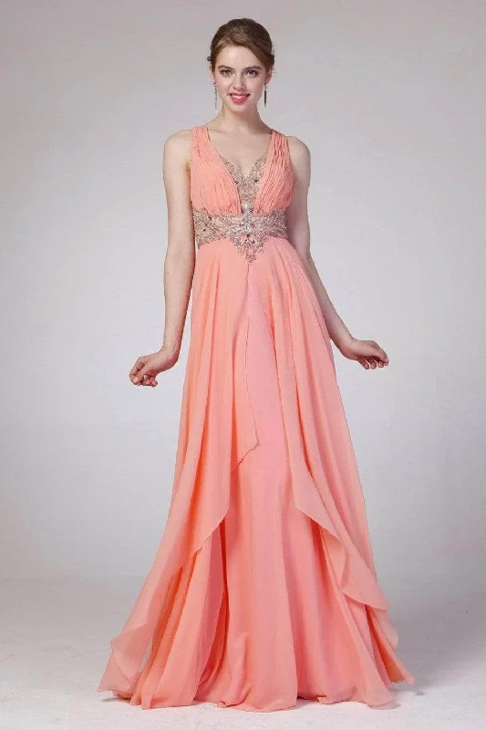 Lavish Evening Gown Ladivine 8710 - Embellished Ruched A-line Dress