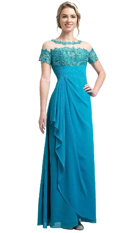 Puffy Sleeve Dress Ladivine CH1509 - Lace Illusion Pleated Sheath Dress