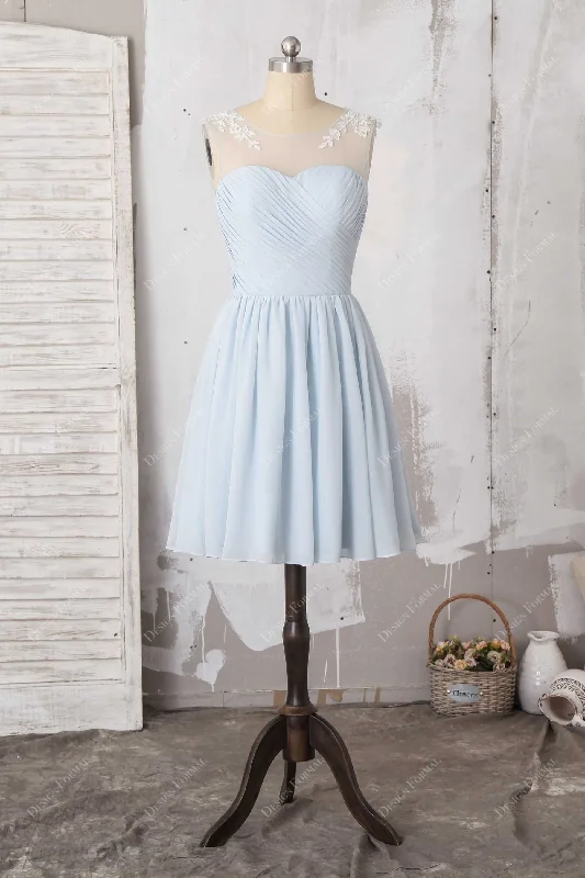 Deep V-Neck Dress Light Blue Chiffon Lace Sleeveless Short Special Occasion Dress
