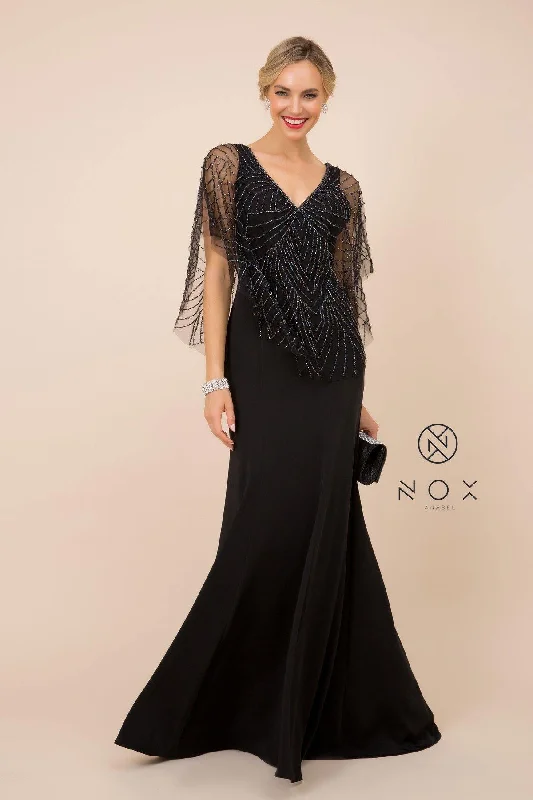 Backless Dress Long Fitted V-Neck Formal Dress with Beaded Cape Prom