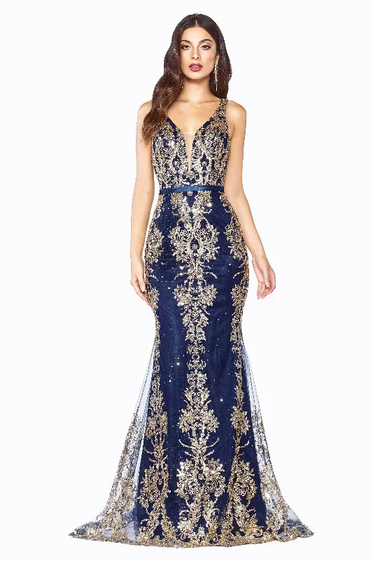 Illusion Neckline Dress Cinderella Divine J786 Long Formal Glitter Print Mermaid Prom Dress