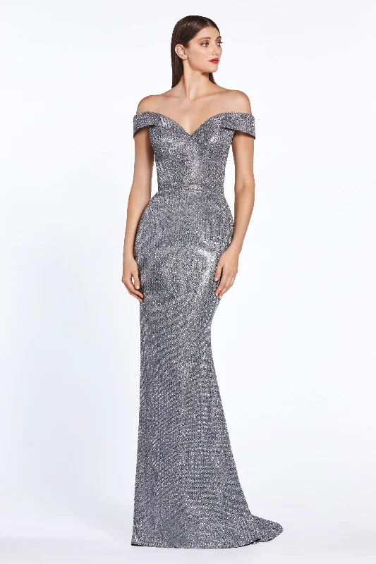 Embellished Maxi Dress Cinderella Divine CZ0018 Long Formal Off Shoulder Metallic Prom Dress