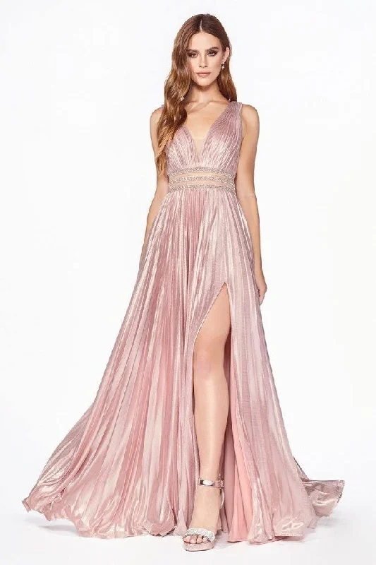 Floor-Length Gown Cinderella Divine CJ537 Long Formal Sleeveless Metallic Pleated Prom Dress