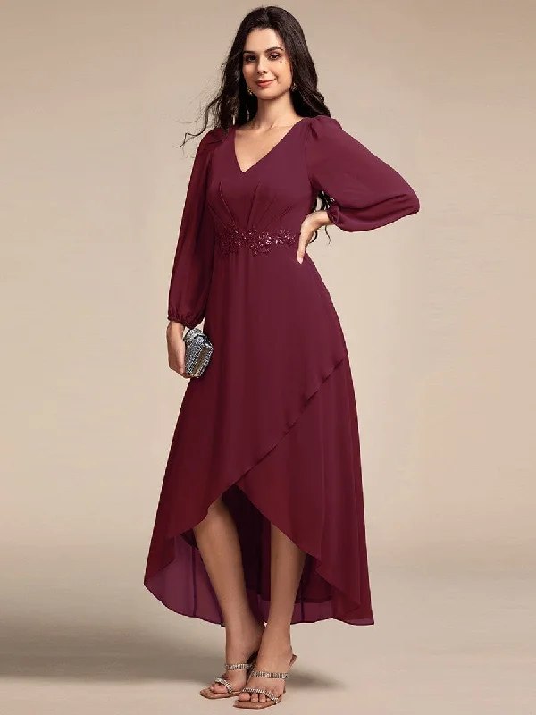 Elegant Evening Dress Long Lantern Sleeves Waist Applique Chiffon Formal Evening Dress Elegant Evening Dress Long Lantern Sleeves Waist Applique Chiffon Formal Evening Dress