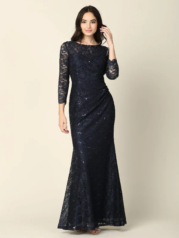Draped Gown Long Mother of the Bride Lace Formal Dress