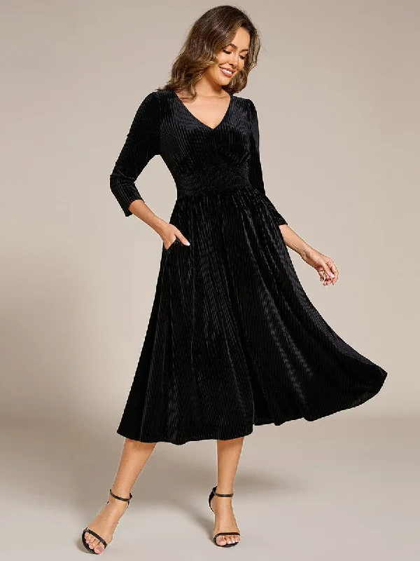 Ruched Gown Long Sleeve High Stretch Velvet Tea Length Wedding Guest Dress