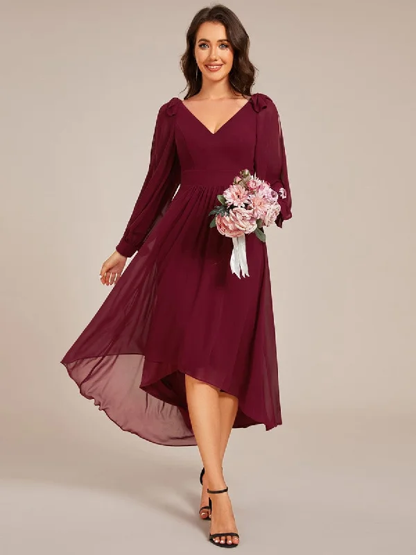 Slit Gown Long Sleeve V-Neck Midi Asymmetrical Hem Chiffon Bridesmaid Dress