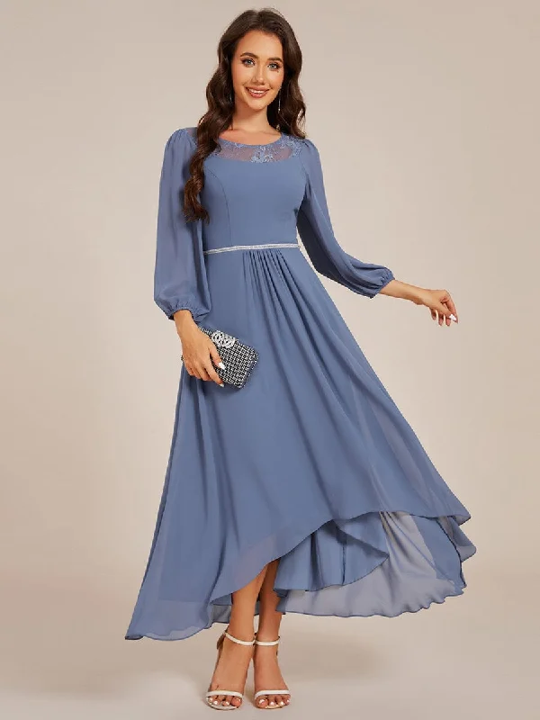 Glitter Dress Long Sleeve Waist Chain Round Neckline Midi Chiffon Wedding Guest Dress Glitter Dress Long Sleeve Waist Chain Round Neckline Midi Chiffon Wedding Guest Dress