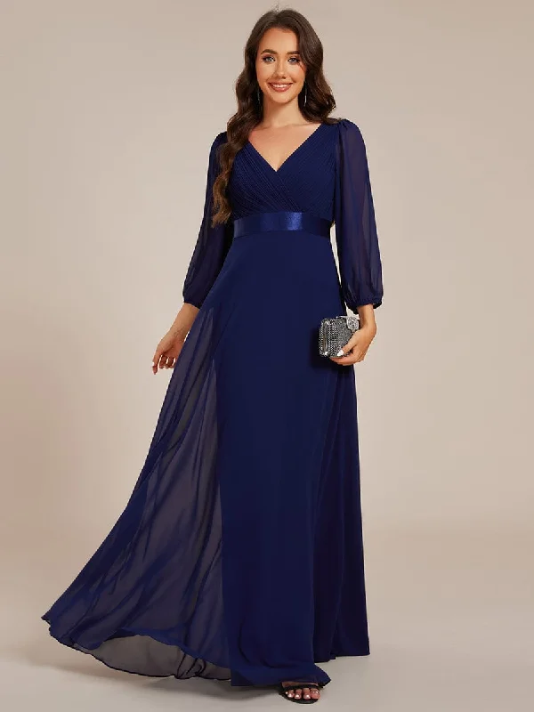 Vintage Gown Long Sleeves Chiffon Empire Waist A-Line Maxi Formal Evening Dress